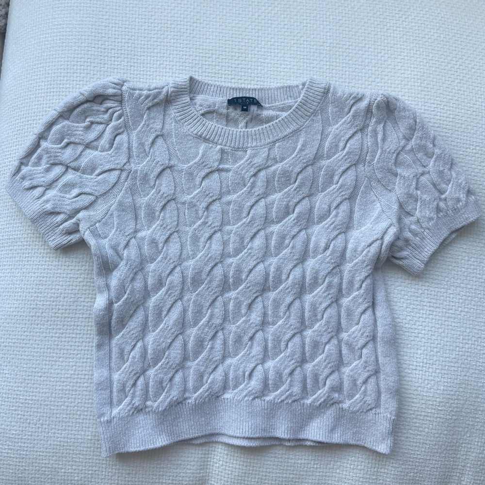 1 STATE Cable Knit Short Sleeve Sweater — Light Gray